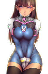 Rule 34 | 1girl, adapted costume, animal print, backlighting, between legs, black thighhighs, blunt bangs, blush, bodysuit, breasts, brown hair, closed mouth, covered navel, cowboy shot, d.va (overwatch), ear piercing, earrings, eyelashes, facial mark, garter straps, gloves, half-closed eyes, hand between legs, heart, heart earrings, jewelry, lips, long hair, looking at viewer, naughty face, nikuku (kazedesune), overwatch, overwatch 1, own hands together, piercing, pilot suit, pink eyes, purple eyes, rabbit print, seductive smile, shiny clothes, simple background, sitting, skin tight, smile, solo, stud earrings, taut clothes, thighhighs, thighs, turtleneck, unitard, v arms, whisker markings, white background, white gloves, zettai ryouiki