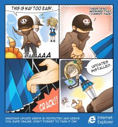 Rule 34 | 1boy, 1girl, 4koma, ^^^, afterimage, ahoge, aiden pearce, aizawa inori, artist request, bandages, baseball cap, character request, coat, comic, drill hair, elbow gloves, english text, fingerless gloves, firefox (browser), gloves, grin, hair ornament, hat, internet explorer, just as planned (meme), looking back, meme, motion lines, mozilla firefox, os-tan, parody, parted lips, pleated skirt, popped collar, shaded face, side ponytail, single elbow glove, skirt, skirt flip, skull and crossbones, smile, smirk, sparkle, standing, tail, thighhighs, watch dogs, white thighhighs, zettai ryouiki
