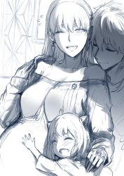 Rule 34 | 1boy, 2girls, absurdres, affectionate, anya (spy x family), bare shoulders, blush, breasts, child, closed eyes, closed mouth, earrings, family, father and daughter, greyscale, hand on own stomach, hews, highres, hug, jewelry, laughing, long hair, medium breasts, monochrome, mother and daughter, multiple girls, open mouth, pregnant, sketch, spy x family, sweater, twilight (spy x family), yor briar