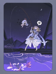 Rule 34 | 2girls, :d, black border, black cape, blonde hair, blush, boots, border, bright pupils, cape, clenched teeth, crescent moon, dress, fish, fishing, fishing rod, flower, flying, genshin impact, gold trim, hair flower, hair ornament, halo, head back, highres, holding, holding fishing rod, holding megaphone, long sleeves, looking at another, lumine (genshin impact), medium hair, megaphone, moon, multiple girls, night, night sky, open mouth, outdoors, paimon (genshin impact), purple eyes, short hair with long locks, shout lines, sidelocks, single thighhigh, sky, sleeveless, sleeveless dress, smile, speech bubble, spoken squiggle, squiggle, standing, star (sky), starry sky, teeth, thigh boots, thighhighs, v-shaped eyebrows, vambraces, water, white cape, white dress, white flower, white footwear, white hair, white pupils, white thighhighs, xiang wan wei wan