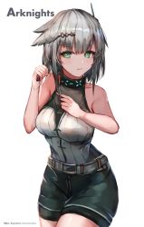 Rule 34 | 1girl, arknights, arms up, belt, black shorts, breasts, chinese commentary, collar, commentary, copyright name, cowboy shot, feather hair, green eyes, grey hair, greythroat (arknights), holding, infection monitor (arknights), large breasts, liuyun baihua, looking at viewer, ribbed shirt, shirt, short hair, shorts, simple background, solo, standing, watermark, web address, white background