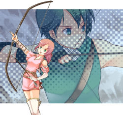 Rule 34 | archery, arrow (projectile), boots, bow (weapon), elbow gloves, fire emblem, fire emblem: mystery of the emblem, gloves, gordin (fire emblem), green eyes, kariu, nintendo, norn (fire emblem), open mouth, pink hair, ponytail, smile, thigh boots, thighhighs, weapon