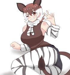 Rule 34 | 1girl, absurdres, animal ears, animal print, arm support, ass, bare shoulders, bow, bowtie, breasts, brown eyes, detached sleeves, extra ears, grin, hair between eyes, hand up, highres, kemono friends, large breasts, looking at viewer, lying, multicolored hair, nanoder, necktie, okapi (kemono friends), okapi ears, okapi tail, on side, one eye closed, pantyhose, pantyhose under shorts, print neckwear, print pantyhose, print sleeves, short shorts, shorts, sleeveless, sleeveless sweater, sleeveless turtleneck, smile, solo, sweater, tail, turtleneck, turtleneck sweater, twisted torso, two-tone hair, v, white hair