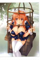 Rule 34 | 1girl, artist request, between breasts, blush, breasts, cage, cleavage, cufflinks, highres, large breasts, long hair, maid, maid headdress, miniskirt, necktie, orange hair, red eyes, sitting, skirt, solo, thighhighs, trapped, white thighhighs, wrist cuffs, zettai ryouiki