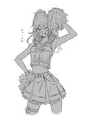 Rule 34 | bang dream!, belt, blush, bow, breasts, cheerleader, clenched teeth, collarbone, greyscale, hair bow, half updo, highres, holding, holding pom poms, imai lisa, long hair, looking at viewer, medium breasts, monochrome, navel, one eye closed, pleated skirt, pom pom (cheerleading), pom poms, simple background, skirt, sleeveless, sou (kanade 3344), teeth, thigh strap, white background