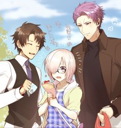 Rule 34 | 1girl, 2boys, adapted costume, alternate costume, black hair, blue eyes, blush, commentary request, crepe, day, dress, fate/grand order, fate (series), father and daughter, food, fujikiti, fujimaru ritsuka (male), fujimaru ritsuka (male) (anniversary blonde), glasses, hair over one eye, lancelot (fate/grand order), mash kyrielight, mash kyrielight (senpai killer outfit), multiple boys, necktie, official alternate costume, open mouth, outdoors, plaid, plaid dress, purple eyes, purple hair, short hair, smile, translation request, unmoving pattern