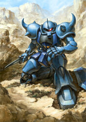 Rule 34 | absurdres, commentary request, dagger, day, desert, glowing, glowing eye, gouf, ground shatter, gundam, highres, holding, holding dagger, holding knife, holding weapon, horns, knife, looking at viewer, mecha, mecha focus, mobile suit, mobile suit gundam, mountain, no humans, on one knee, outdoors, painting (medium), red eyes, robot, science fiction, shield, shoulder spikes, single horn, solo, spikes, traditional media, valley, watercolor (medium), weapon, youkoumori