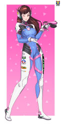 Rule 34 | 1girl, ;), absurdres, acronym, animal print, armor, artist name, bodysuit, boots, bracer, breasts, breasts apart, brown eyes, brown hair, charm (object), closed mouth, covered navel, d.va (overwatch), emblem, facepaint, facial mark, full body, gloves, gun, hand up, headphones, highres, kyoffie, lips, logo, long hair, long sleeves, medium breasts, one eye closed, overwatch, overwatch 1, pauldrons, pilot suit, pink lips, rabbit print, ribbed bodysuit, shoulder armor, shoulder pads, skin tight, smile, solo, standing, thigh boots, thigh strap, thighhighs, turtleneck, weapon, whisker markings, white footwear, white gloves