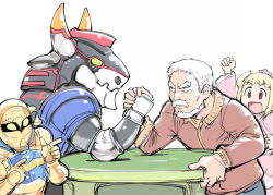 Rule 34 | alice to zouroku, animification, arm wrestling, beard, blonde hair, character request, closed mouth, crossover, dress, facial hair, kashimura zouroku, medium hair, multiple boys, mustache, old, old man, ootsuka akio, open mouth, red eyes, simple background, smile, super sentai, uchuu sentai kyuuranger, ueyama michirou, voice actor connection, white background, white hair