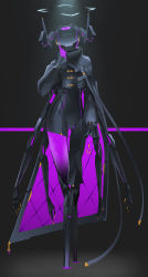 Rule 34 | 1girl, absurdres, android, asymmetrical clothes, black cape, cape, colored skin, covered face, echanis enicha, extra arms, faceless, female focus, finger to face, full body, gradient skin, halftone, halo, highres, horns, no humans, original, purple skin, robot, science fiction, solo, standing, wire