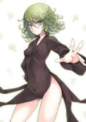 Rule 34 | 1girl, black dress, breasts, covered navel, curly hair, dress, covered erect nipples, green eyes, green hair, hand on own hip, looking at viewer, matching hair/eyes, medium breasts, no panties, one-punch man, outstretched arm, short hair, side slit, simple background, solo, tatsumaki, utakata (kochou no yume), wind, wind lift