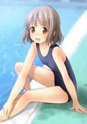 Rule 34 | 1girl, :d, bare arms, bare legs, bare shoulders, barefoot, blue one-piece swimsuit, breasts, brown eyes, brown hair, commentary request, highres, looking at viewer, old school swimsuit, one-piece swimsuit, open mouth, original, pool, poolside, school swimsuit, shibacha, small breasts, smile, solo, swimsuit, wet