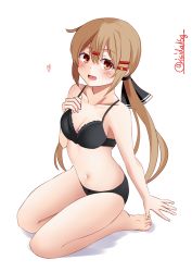 Rule 34 | 1girl, black bow, black bra, black panties, blush, bow, bra, breasts, brown eyes, brown hair, commentary, from above, hair bow, highres, ishida arata, kantai collection, long hair, looking at viewer, looking up, low twintails, medium breasts, open mouth, panties, simple background, sitting, smile, solo, tashkent (kancolle), twintails, twitter username, underwear, wariza, white background