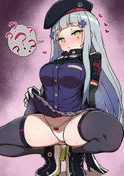 Rule 34 | 1girl, ?, absurdres, beret, black footwear, black thighhighs, blunt bangs, blush, bow, bow panties, breasts, clothes lift, facial mark, german flag, girls&#039; frontline, gloves, green eyes, hair ornament, hat, heart, highleg, highleg panties, highres, hk416 (girls&#039; frontline), hypnosis, long hair, long sleeves, looking at viewer, mind control, nose blush, panties, plaid, plaid skirt, pleated skirt, question mark, silver hair, skirt, skirt lift, solo, spoken question mark, spread legs, squatting, steam, steaming body, sweat, teardrop, thighhighs, thighs, underwear, very long hair, wagashi (dagashiya), white panties
