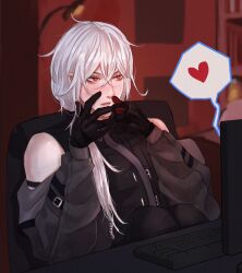 Rule 34 | 1boy, a date with death, bare shoulders, black gloves, casper (a date with death), chair, computer, gloves, heart, highres, jacket, keyboard (computer), long hair, male focus, pearl mkmm, red eyes, sitting, solo, spoken heart, white hair