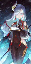 Rule 34 | 1girl, absurdres, black bodysuit, blurry, bodysuit, braid, bridal gauntlets, commentary request, covered navel, depth of field, detached sleeves, earrings, genshin impact, grey eyes, grey hair, groin, hair ornament, hair over one eye, highres, holding, holding polearm, holding weapon, jewelry, kiramarukou, long hair, looking at viewer, low-tied long hair, ofuda, polearm, shenhe (genshin impact), short sleeves, sidelocks, simple background, single braid, solo, weapon, wind