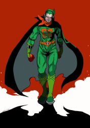 Rule 34 | artist name, belt, black cape, bodysuit, cape, clenched hands, full body, go 21g, green bodysuit, green hair, headphones, looking at viewer, male focus, multicolored background, muscular, muscular male, number print, one piece, orange belt, serious, shadow, short hair, skull, vinsmoke yonji, walking