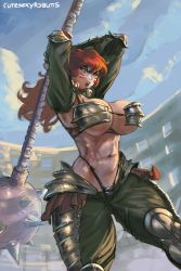 Rule 34 | 1girl, abs, armor, arms behind head, arms up, bikini armor, breasts, cleavage, curvy, cutesexyrobutts, green eyes, highres, large breasts, long hair, mace, midriff, navel, open mouth, orange hair, shouting, solo, spiked mace, spikes, standing, thick thighs, thighs, weapon, wide hips
