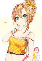 Rule 34 | 1girl, :o, artist name, bad id, bad twitter id, bag, blonde hair, blue eyes, blush, bow, bracelet, breasts, cleavage, collarbone, earrings, frills, hair between eyes, hair bow, hair ornament, hairclip, hand on own cheek, hand on own face, handbag, heart, jewelry, looking at viewer, off shoulder, open mouth, original, polka dot, polka dot shirt, shirt, simple background, sleeveless, solo, sticker, strap slip, sukja, updo, upper body, wrist cuffs