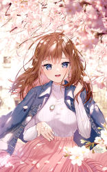 Rule 34 | 1girl, blue eyes, blue jacket, blurry, blurry foreground, brown hair, building, cherry blossoms, denim, denim jacket, flower, hair ornament, hand in own hair, highres, jacket, long hair, long sleeves, looking at viewer, open mouth, original, outdoors, outstretched arm, pink skirt, pleated skirt, ribbed sweater, rosuuri, skirt, smile, solo, spring (season), sweater, white sweater