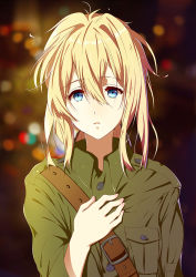 Rule 34 | 10s, 1girl, aicky, belt, blonde hair, blue eyes, blurry, blurry background, green jacket, hair between eyes, jacket, long hair, looking at viewer, messy hair, military, military uniform, open mouth, solo, uniform, upper body, violet evergarden, violet evergarden (series)