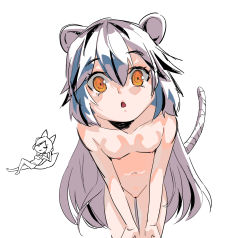 Rule 34 | 2girls, animal ears, black hair, blue hair, breasts, closed eyes, closed mouth, completely nude, eyelashes, grey hair, hair between eyes, hands on own knees, highres, long hair, looking at viewer, multicolored hair, multiple girls, my love tiger, navel, nawa holang-inim, nude, nunvora, one-piece swimsuit, open mouth, orange eyes, rangyi, school swimsuit, short hair, simple background, small breasts, smile, solo focus, streaked hair, swimsuit, tail, tiger ears, tiger girl, tiger tail, very long hair, virtual youtuber, white background