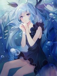 Rule 34 | 1girl, :3, absurdres, air bubble, black dress, blue eyes, blue hair, bubble, caustics, commentary, cowboy shot, dress, english commentary, fish, frilled dress, frills, hair ribbon, hatsune miku, highres, long hair, looking at viewer, mungduck, own hands together, ribbon, shinkai shoujo (vocaloid), smile, solo, twintails, underwater, very long hair, vocaloid