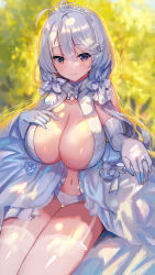 Rule 34 | 1girl, absurdres, ahoge, azur lane, bare shoulders, blue eyes, blush, breasts, center opening, cleavage, closed mouth, dress, elbow gloves, gloves, highres, huge filesize, illustrious (azur lane), illustrious (morning star of love and hope) (azur lane), jewelry, large breasts, long hair, looking at viewer, low twintails, mole, mole under eye, mole under mouth, navel, panties, ring, shanguier, smile, thighhighs, thighs, tiara, twintails, underwear, white dress, white gloves, white hair, white panties, white thighhighs