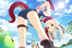 Rule 34 | 2girls, ass, bandaged leg, bandages, bare arms, bare shoulders, bent over, bikini, black bikini, black footwear, blue one-piece swimsuit, blue sky, blush, boots, calling, cloud, cloudy sky, commentary request, creature, day, dragon girl, dragon horns, dragon tail, dragon wings, dutch angle, eating, flat chest, food, food in mouth, from below, front-tie bikini top, front-tie top, gradient hair, green eyes, green hair, grey hair, hair ornament, hair ribbon, hair rings, hand on own stomach, highres, holding, holding food, holster, horns, kinako (monmusume-harem), kneepits, kunai, legs apart, lens flare, long hair, looking at another, looking away, looking down, magatama, monmusu harem, monmusume-harem, monster girl, multicolored hair, multiple girls, namaru (summer dandy), navel, ninja, official art, one-piece swimsuit, open mouth, outdoors, palm tree, parasol, pink hair, pointy ears, popsicle, rainbow, red ribbon, red scarf, red wings, ribbon, sand, scarf, school swimsuit, sky, standing, summer, sun, sunlight, swimsuit, tail, tentacle hair, thigh holster, tree, umbrella, water, weapon, wings, yellow eyes