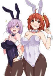 Rule 34 | 2girls, :d, ahoge, animal ears, black bow, black bowtie, black leotard, bow, bowtie, breasts, cleavage, collarbone, covered navel, cowboy shot, detached collar, fake animal ears, fate/grand order, fate (series), fujimaru ritsuka (female), glasses, hair ornament, hair over one eye, hair scrunchie, hand up, hands on own chest, hands up, haruhisky, highres, large breasts, leotard, light purple hair, mash kyrielight, multiple girls, one side up, open mouth, orange eyes, orange hair, playboy bunny, purple eyes, purple hair, rabbit ears, scrunchie, short hair, side ponytail, simple background, smile, sparkle, standing, white background, white bow, white bowtie, white leotard, wrist cuffs, yellow scrunchie