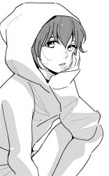 Rule 34 | 10s, 1girl, aldnoah.zero, greyscale, hand on own cheek, hand on own face, hood, hoodie, kneeling, looking at viewer, monochrome, rayet areash, shimura takako, short hair, simple background, solo, white background