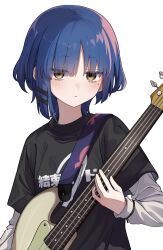 Rule 34 | 1girl, absurdres, bass guitar, black shirt, blue hair, bocchi the rock!, breasts, closed mouth, clothes writing, eyes visible through hair, guitar, hair ornament, hairclip, half-closed eyes, hand up, highres, holding, holding bass guitar, holding instrument, instrument, long sleeves, looking at viewer, medium breasts, mole, mole under eye, music, nenehotoso, playing instrument, puffy long sleeves, puffy sleeves, shirt, short hair, short sleeves, simple background, solo, standing, t-shirt, white background, white shirt, yamada ryo, yellow eyes