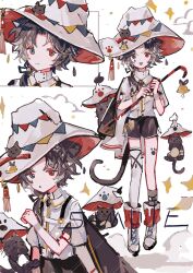 Rule 34 | absurdres, black cat, black eyes, black hair, cane, cat, commission, full body, gender request, hat, heterochromia, highres, holding, holding cane, kay1205177934, long hair, low ponytail, original, red eyes, shirt, short sleeves, side ponytail, sketch, white background, white shirt, witch hat