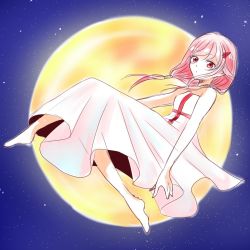 Rule 34 | 10s, 1girl, bare shoulders, barefoot, dress, full moon, guilty crown, hair ornament, hairclip, long hair, looking at viewer, moon, open mouth, pink hair, red eyes, ruchi a, sarina (tosiyukiryousuke), solo, twintails, yuzuriha inori
