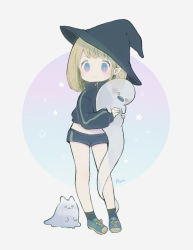Rule 34 | 1girl, artist name, ayu (mog), black shorts, black socks, blue eyes, blue footwear, blush, bob cut, brown hair, closed mouth, cross-laced footwear, curious, full body, ghost, hat, holding, jacket, long sleeves, looking at viewer, medium hair, midriff, original, pigeon-toed, pointy ears, shoes, shorts, smile, sneakers, socks, solo, track jacket, track suit, transparent, turtleneck, werewolf, witch hat, zipper