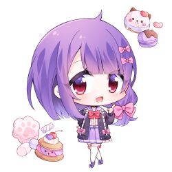 Rule 34 | 1girl, black jacket, blush, bow, cherry, chibi, chibi only, food, fruit, full body, jacket, long sleeves, looking at viewer, macaron, no nose, open mouth, original, pink bow, pleated skirt, purple hair, purple skirt, red bow, red eyes, serurosu, simple background, skirt, solo, thighhighs, white background, white thighhighs