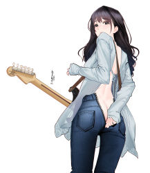 Rule 34 | 1girl, absurdres, ass, between buttocks, black eyes, black hair, blush, butt crack, covering privates, covering ass, denim, guitar, guitar little sister (hitomi o), highres, hitomi o, instrument, jeans, long hair, looking at viewer, no panties, original, pants, parted lips, sleeves past wrists, solo, surprised, wardrobe error, white background