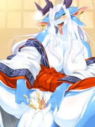 Rule 34 | 1girl, absurdres, breasts, dragon, food, furry, furry female, green eyes, highres, japanese clothes, kame (3t), long hair, nipples, popsicle, popsicle stick, pussy, solo, uncensored, white hair