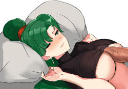 Rule 34 | 1girl, between breasts, black shirt, blush, breasts, censored, closed mouth, crop top, earrings, fire emblem, fire emblem: the blazing blade, from side, frown, green eyes, green hair, hetero, highres, jewelry, large breasts, lips, long hair, lyn (fire emblem), mosaic censoring, nintendo, no bra, nose blush, ormille, paizuri, paizuri under clothes, penis, pillow, pillow grab, shirt, simple background, solo, solo focus, underboob, upper body, waking up, white background