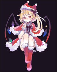 Rule 34 | 1girl, alternate costume, black bow, black bowtie, blonde hair, bow, bowtie, capelet, dark background, finger to mouth, flandre scarlet, full body, fur-trimmed capelet, fur-trimmed footwear, fur-trimmed skirt, fur trim, hair bow, hat, hiyuu (hiyualice), index finger raised, long hair, looking at viewer, multicolored wings, no nose, one side up, red capelet, red eyes, red footwear, santa costume, santa hat, simple background, skirt, solo, striped bow, striped bowtie, striped clothes, touhou, wings, wrist cuffs