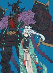 Rule 34 | 2girls, aqua kimono, armor, black armor, blue background, blue eyes, closed mouth, commentary request, expressionless, fate/samurai remnant, fate (series), feather trim, floating hair, full armor, gauntlets, grey hair, grey hakama, hakama, hakama skirt, haori, height difference, helmet, highres, hiiragi (karashriker), holding, holding sword, holding weapon, japanese armor, japanese clothes, kabuto (helmet), katana, kimono, long hair, looking at viewer, multiple girls, ponytail, simple background, skirt, sword, ushi gozen (fate), ushi gozen (fate/samurai remnant), ushi gozen (rider) (fate), weapon, wide sleeves, yui shousetsu (fate)