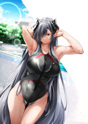 Rule 34 | 1girl, absurdres, alternate costume, armpits, arms up, august von parseval (azur lane), azur lane, bare shoulders, black horns, black one-piece swimsuit, blue eyes, blue sky, breasts, chain-link fence, closed mouth, cloud, collarbone, commentary request, competition swimsuit, covered navel, cowboy shot, curled horns, day, fence, grey hair, groin, hair between eyes, hair over one eye, highleg, highres, horns, large breasts, lens flare, long hair, mechanical horns, one-piece swimsuit, oriue wato, outdoors, page number, pool, poolside, sidelocks, sky, solo, standing, swimsuit, thigh gap, very long hair, wet