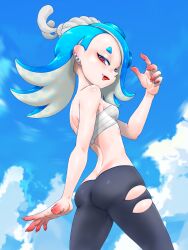 Rule 34 | 1girl, arm behind back, ass, asymmetrical hair, bare arms, bare shoulders, black leggings, blue hair, blue sky, breasts, butt crack, cephalopod eyes, chest sarashi, cloud, colored skin, cowboy shot, day, earrings, eyeliner, fang, gradient skin, hand up, highres, horizontal pupils, jewelry, koharu2.5, leggings, long hair, makeup, multicolored skin, multiple earrings, nintendo, octoling, outdoors, pink eyes, red eyeliner, red pupils, red skin, sarashi, shiver (splatoon), short eyebrows, skindentation, sky, small breasts, smile, solo, splatoon (series), splatoon 3, suction cups, tentacle hair, tongue, tongue out, tooth earrings, two-tone skin