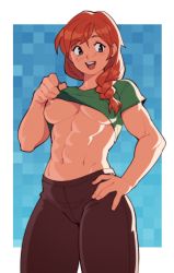 Rule 34 | 1girl, abs, alex (minecraft), border, breasts, clothes lift, commentary, cowboy shot, english commentary, green eyes, hair between eyes, highres, lifting own clothes, medium breasts, minecraft, muscular, muscular female, navel, nipples, open mouth, orange hair, shirt, shirt lift, short sleeves, solo, suoiresnu, teeth, tongue, underboob, white border