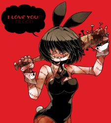 Rule 34 | 1girl, animal ears, ayame hashinimasen, bare shoulders, baseball bat, black bow, black bowtie, black hair, black leotard, blood, blood on clothes, bloody weapon, bow, bowtie, breasts, detached collar, english text, fake animal ears, female focus, hair intakes, hair over eyes, holding, holding weapon, leotard, loose bowtie, medium breasts, nail, nail bat, open mouth, original, playboy bunny, rabbit ears, rabbit tail, red background, sharp teeth, simple background, solo, stitches, strapless, strapless leotard, teeth, weapon, wrist cuffs