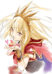 Rule 34 | 10s, 1girl, bad id, bad pixiv id, blonde hair, blowing kiss, blush, bracer, cagliostro (granblue fantasy), cape, crown, granblue fantasy, heart, ikuhana niiro, long hair, parted lips, purple eyes, simple background, solo, white background