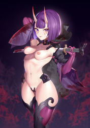 Rule 34 | 1girl, absurdres, blood, blood on clothes, blood on face, blush, bob cut, breasts, cleft of venus, elbow gloves, fangs, fate/grand order, fate (series), gloves, highres, horns, jingb dx, katana, medium breasts, navel, nipples, oni, purple eyes, purple hair, pussy, pussy peek, see-through, short eyebrows, shuten douji (fate), skin-covered horns, smile, solo, sword, taimanin (series), thick thighs, thighhighs, thighs, tongue, tongue out, weapon