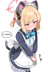 Rule 34 | 1girl, absurdres, animal ear headphones, animal ears, apron, black dress, blonde hair, blue archive, blush, cat tail, closed mouth, dress, fake animal ears, frilled apron, frills, halo, have to pee, headphones, highres, maid, maid apron, maid headdress, momoi (blue archive), momoi (maid) (blue archive), pink halo, red eyes, saho 4545, short hair, simple background, solo, tail, white apron, white background