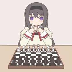Rule 34 | 1girl, akemi homura, bishop (chess), black hair, blush, chess piece, chessboard, closed mouth, highres, king (chess), knight (chess), long hair, long sleeves, mahou shoujo madoka magica, mahou shoujo madoka magica (anime), own hands clasped, own hands together, pawn (chess), purple eyes, queen (chess), rook (chess), solo, yuno385