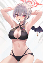 Rule 34 | 1girl, armpits, arms up, bikini, black bikini, blue archive, braid, breasts, cleavage, commentary, demon wings, grey hair, hair tie in mouth, halo, halterneck, haruna (blue archive), highleg, highleg bikini, highres, large breasts, layered bikini, long hair, looking at viewer, mouth hold, multiple straps, navel, o-ring, o-ring bikini, o-ring top, primamiya, red eyes, red halo, side braid, simple background, single wing, solo, stomach, swimsuit, tying hair, white background, wing piercing, wings